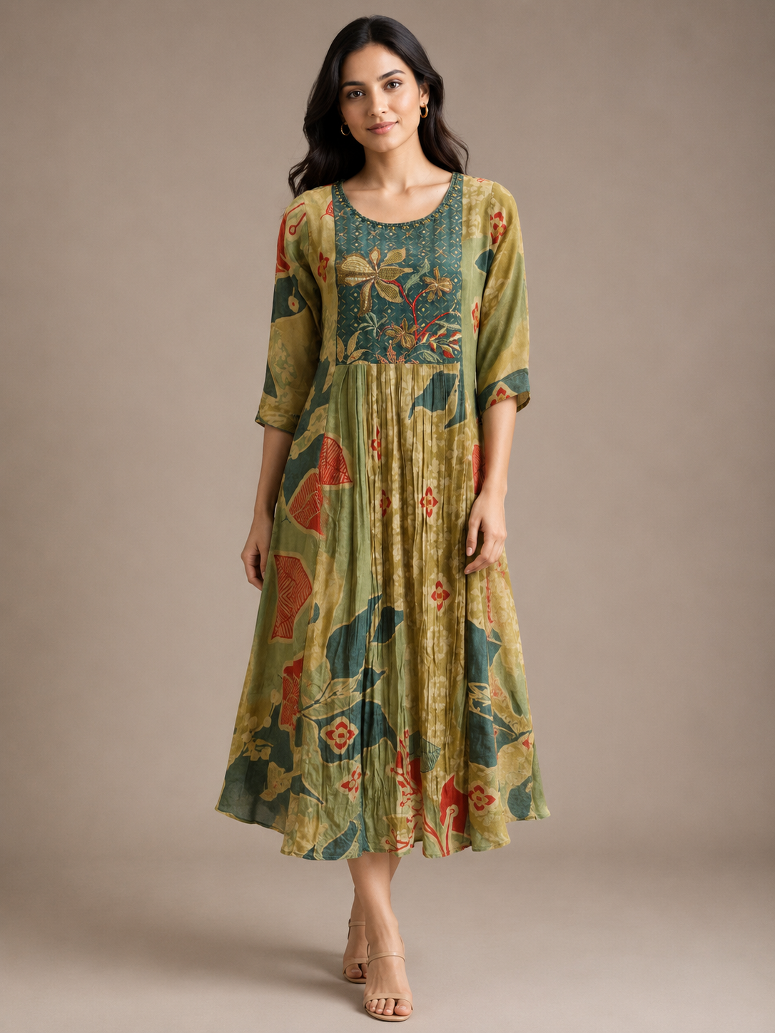 Olive Green Imported Lycra Printed A-Line Midi Dress